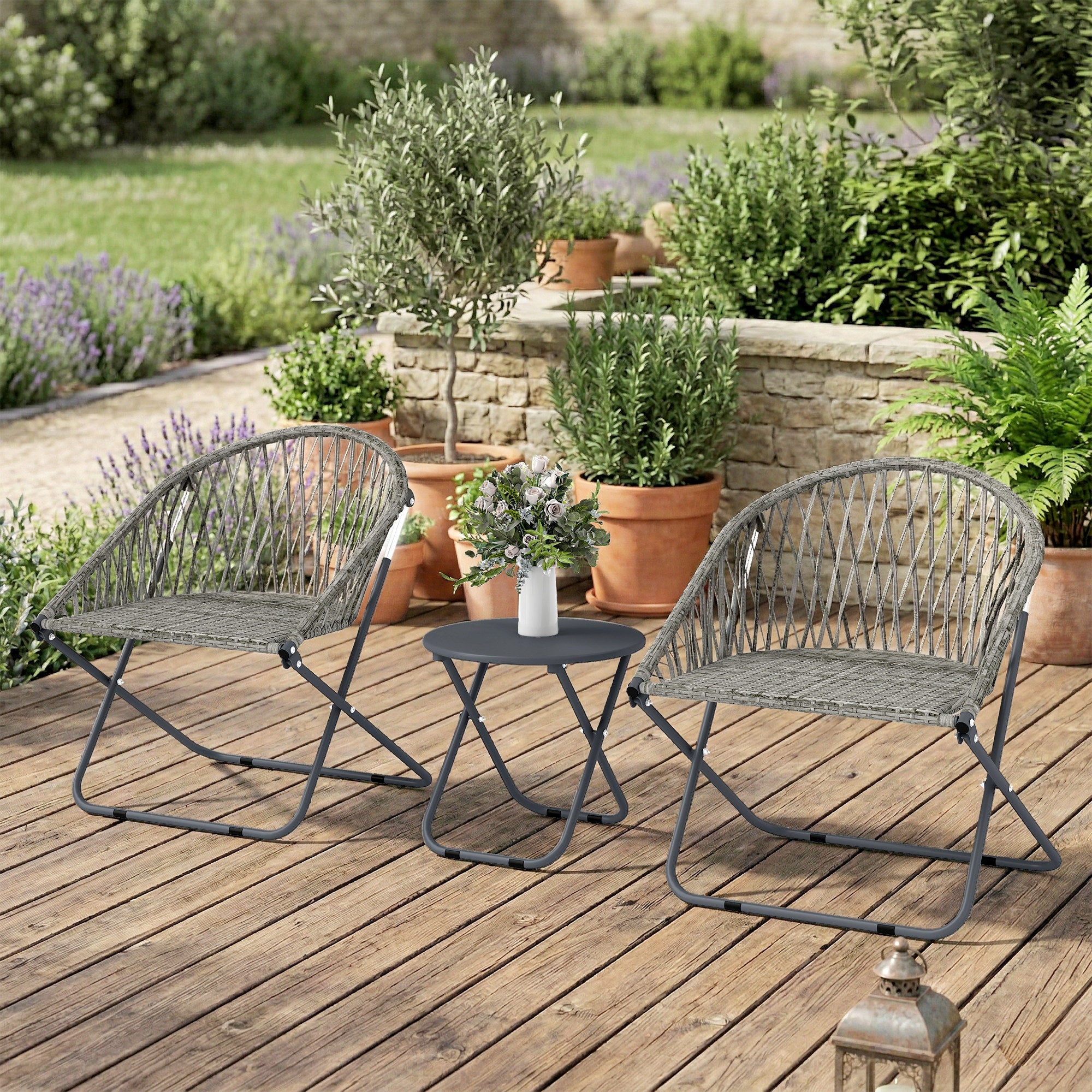 Outsunny Patio Bistro Set, Folding Patio Furniture Set with 2 Chairs and Table, Grey 