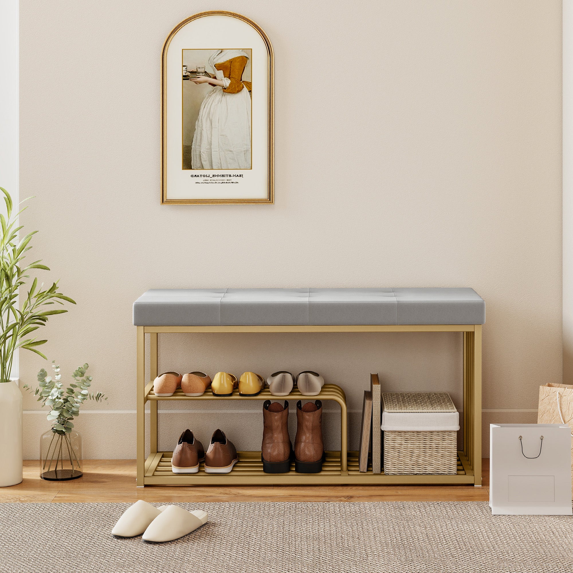 HOMCOM Bench and Shoe Storage, Tufted Shoe Storage Bench with Velvet Seat Cushion Gold Steel Frame for Entryway, Grey 