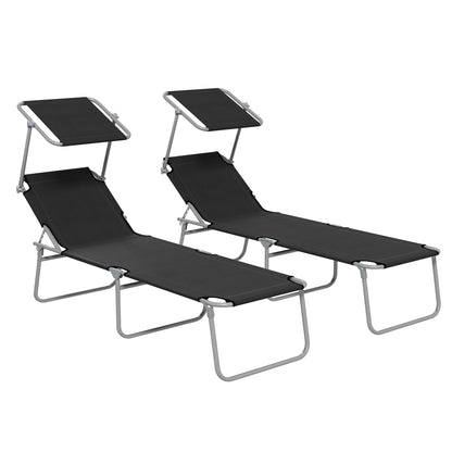 Outsunny Foldable Sun Lounger Set of 2 with Sun Shade & Adjustable Backrest - Black 