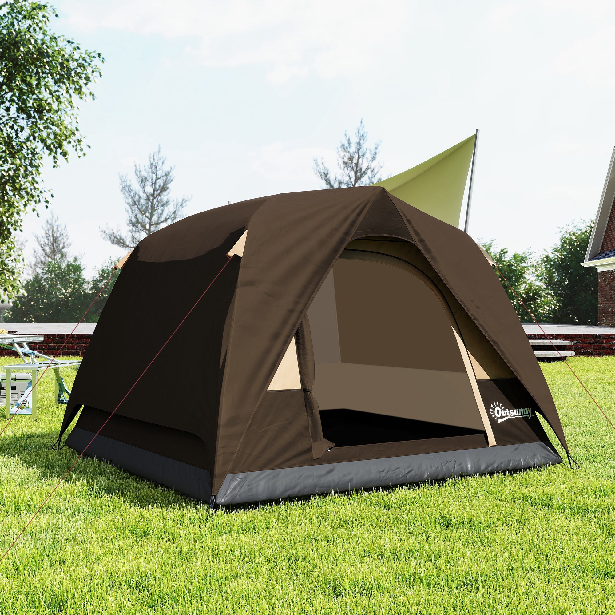 Outsunny 3-4 Person Camping Tent, Easy Set Up 3-4 Man Tent w/ Sewn-in Groundsheet, Waterproof Dome Tent w/ Mesh Windows, Brown 