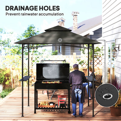 Outsunny 8' x 5' Grill Gazebo, Double Tiered BBQ Gazebo Shelter Canopy with LED Lights, 2 Side Shelves, Hooks, Dark Grey 