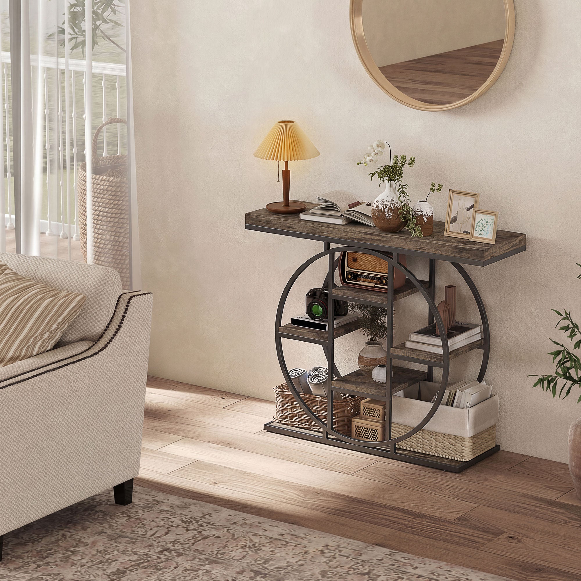 HOMCOM Industrial Console Table with Storage Shelves - Rustic Brown 