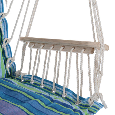 Outsunny Hanging Rope Chair with Soft Padded Seat & Backrest, Portable Garden Hammoc Chair with Wooden Support Bar, Armrests, Cotton Cloth, Footrest, for Patio & Tree, Blue 