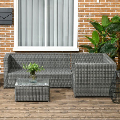 Outsunny 3 Pieces PE Rattan Garden Furniture Set with 10 cm Thick Cushions, 4 Seater Garden Corner Sofa Set with Glass Top Coffee Table, Outdoor Furniture for Patio, Porch, Grey 