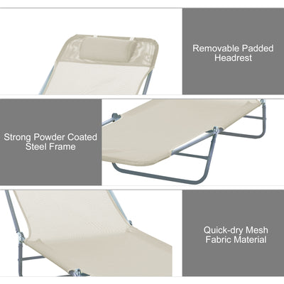 Outsunny Outdoor Foldable Sun Lounger, Adjustable Backrest Garden Recliner Sun Lounger Chair with Headrest Pillow, Beige 