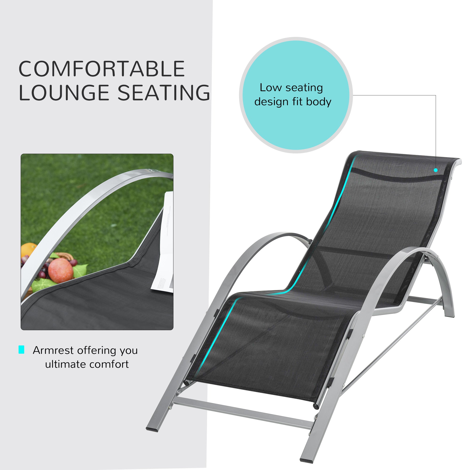 Outsunny 3 Pieces Sun Lounger Chair Set, Metal Frame Garden Outdoor Sunbathing Chair with Side Table and Armrest, Black 