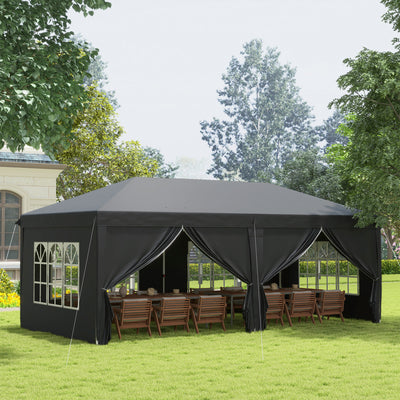 Outsunny 3 x 6 m Pop Up Gazebo with Sides and Windows, Height Adjustable Wedding Camping Party Tent Canopy Marquee with Storage Bag for Garden, Event, Black 