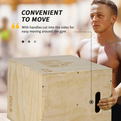HOMCOM 3-in-1 Wooden Plyo Box, Plyometric Jump Box with Handle Openings for Home Gym, Workout Training, Natural 