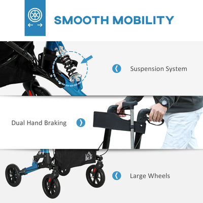 HOMCOM Folding Rollator Walker with Seat, Backrest, Lightweight Walking Frame with Storage Bag, Dual Brakes, Adjustable Handle Height, Suspension System, 4 Wheeled Walker for Seniors, Blue 