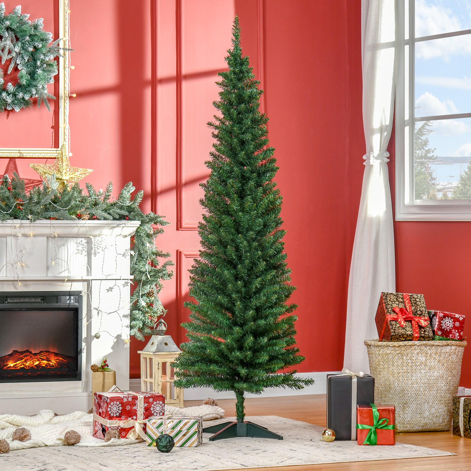 HOMCOM 6ft Unlit Artificial Christmas Tree, Pencil Slim Xmas Tree with Solid Stand and Realistic Branches, Green 