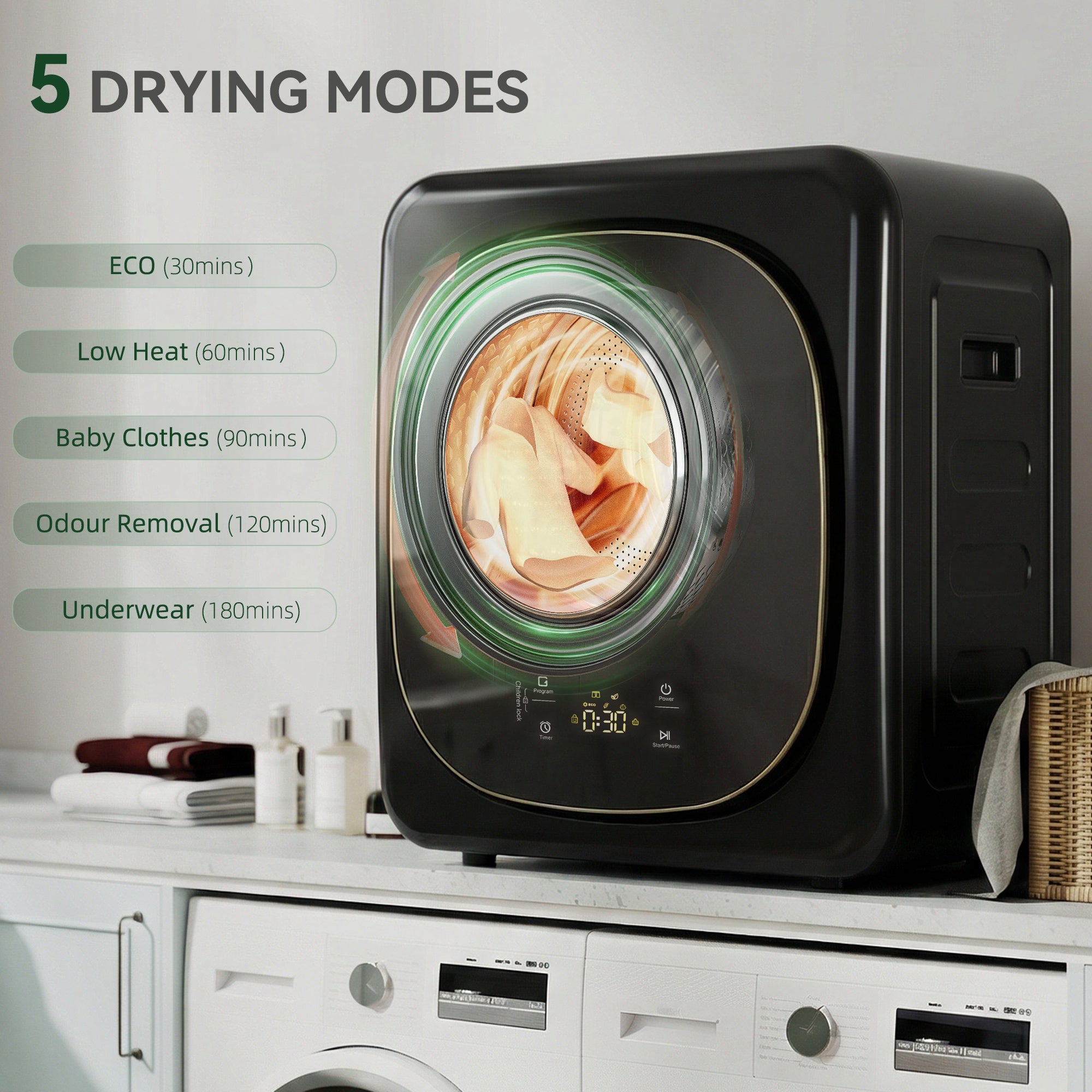 HOMCOM 4kg Vented Tumble Dryer with 5 Drying Mode, 800W Compact Freestanding Front Tumble Dryer Black 