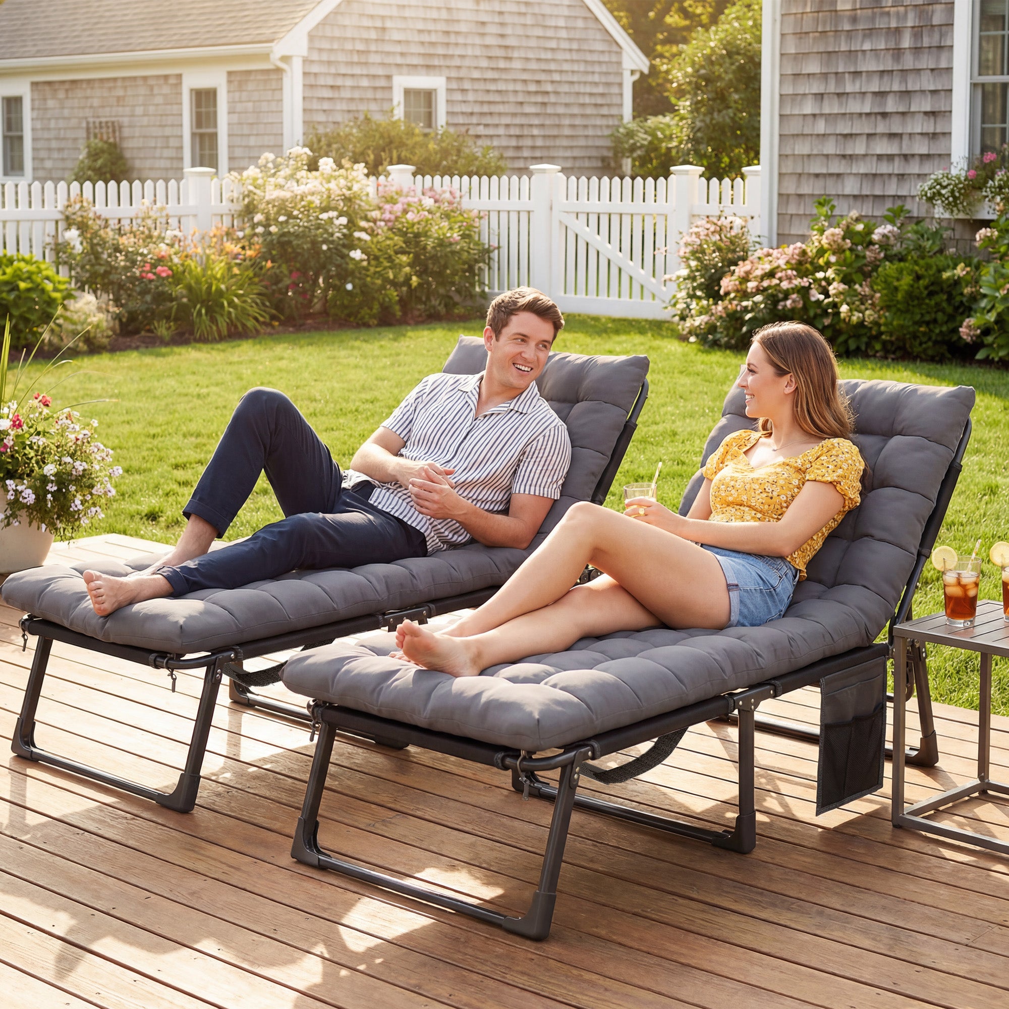Outsunny Folding Sun Loungers for Garden Set of 2, 5-Position Oversized Camping Bed Recliner with Cushions, Dark Grey 