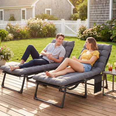 Outsunny Folding Sun Loungers for Garden Set of 2, 5-Position Oversized Camping Bed Recliner with Cushions, Dark Grey 