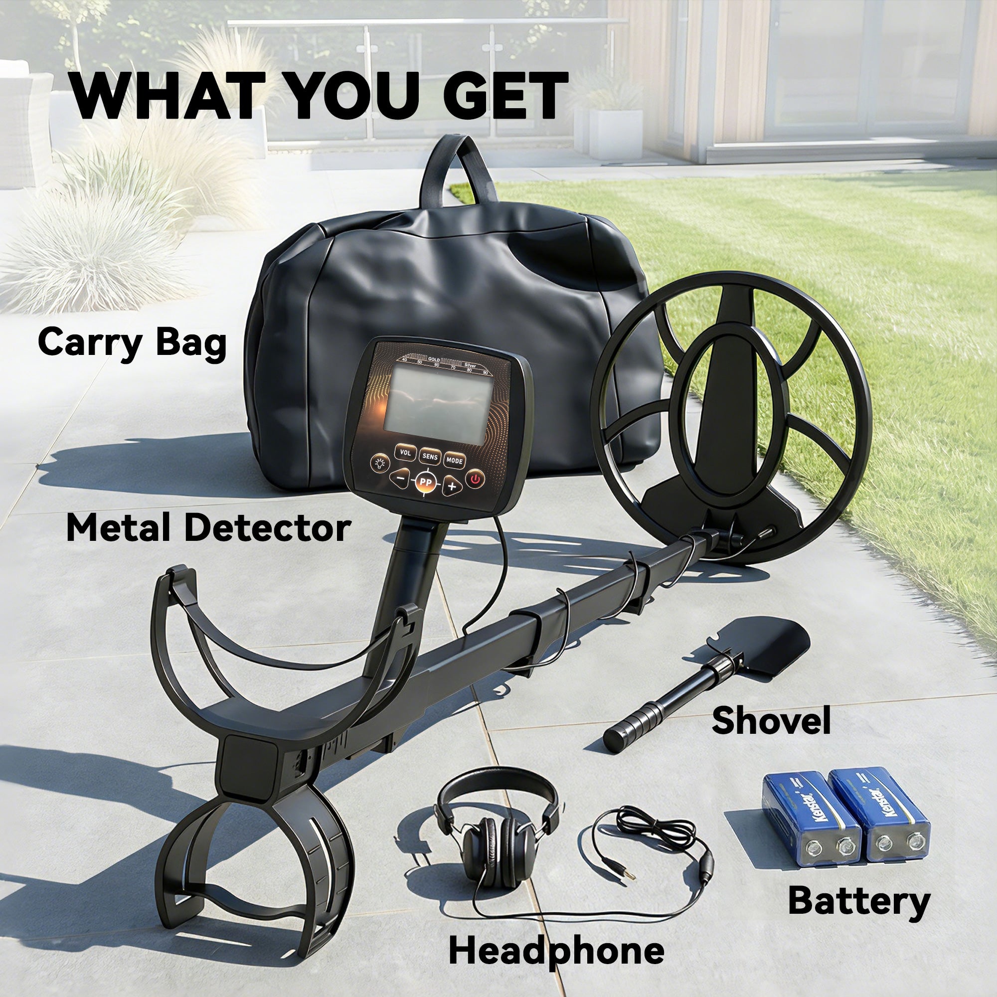 Outsunny Metal Detector for Adults, IP68 Waterproof Search Coil with LCD Display, 5 Modes Gold Detector with Carry Bag, Shovel 
