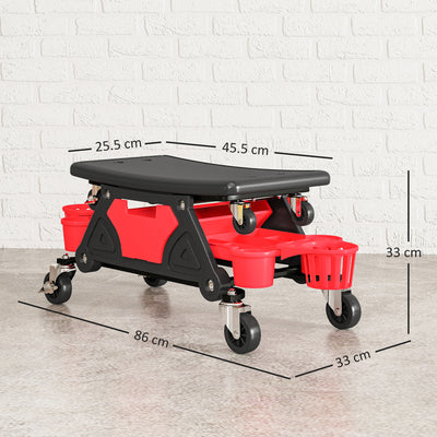 HOMCOM Rolling Mechanic Stool, 135kg Capacity Workshop Stool with 360° Swivel Wheels, Roller Creeper Seat with Slide Out Tool Trays, Drawer, Bottle Holders for Garage, Shop, Auto Repair, Red 