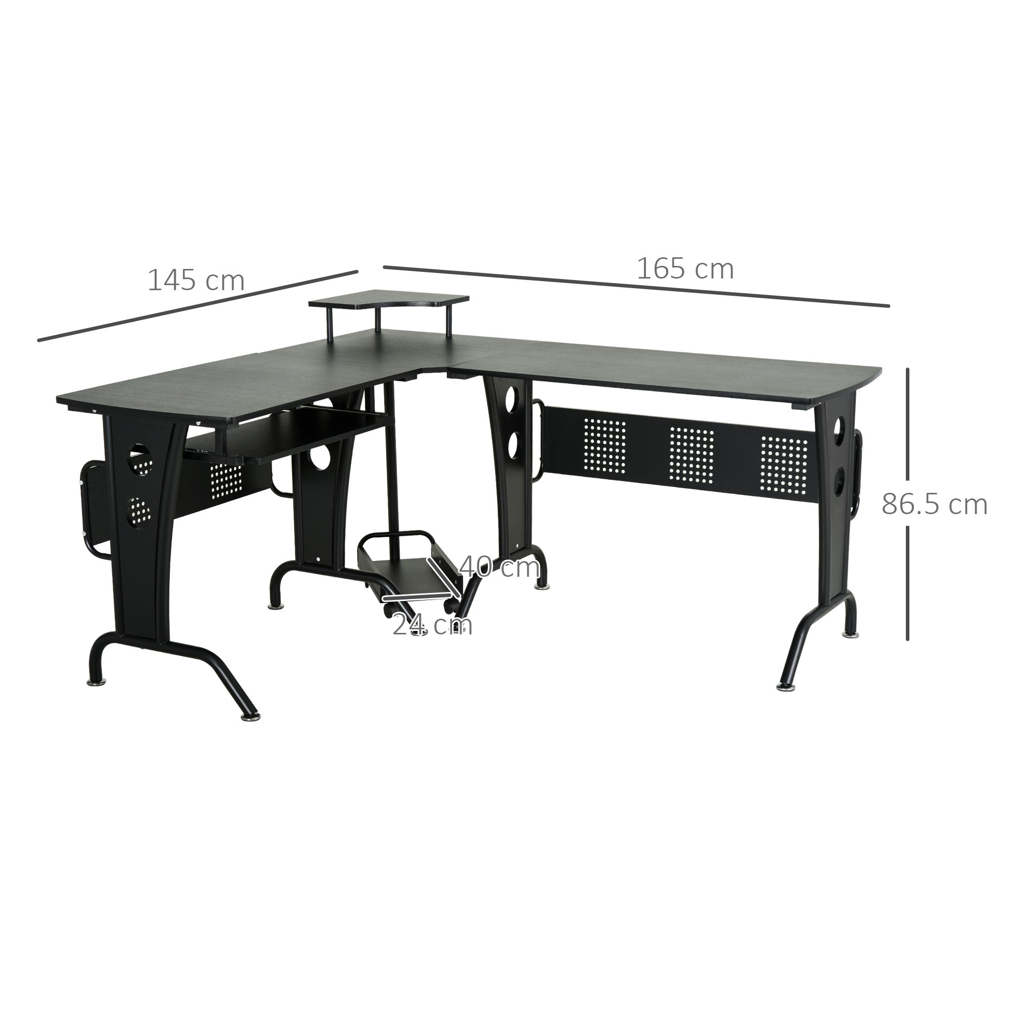 HOMCOM L-Shaped Corner Desk, Gaming Desk with CPU Rack, Keyboard Tray, Space-Saving Computer Desk with Steel Frame for Home Office,165 x 145 x 86.5cm, Black 