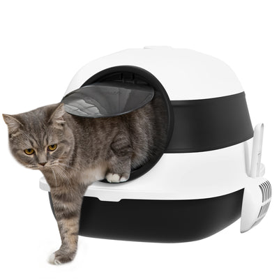 PawHut Foldable Cat Litter Tray with Lid, Deodorant, Scoop, Black 
