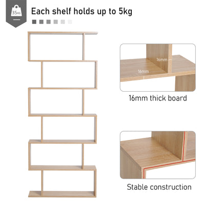 HOMCOM Bookcase, 6 Tier Shelf S Shaped Bookshelf, Storage Unit, Display Shelf for Living Room, Bedroom, Home Office, Plant, Oak 