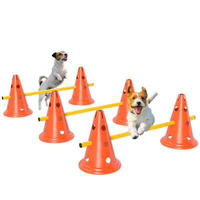 PawHut Dog Agility Equipment Set of 6 Cones, 6 Poles with Carry Bag, 3 PCS Adjustable Height Jumping Obstacles, Orange 
