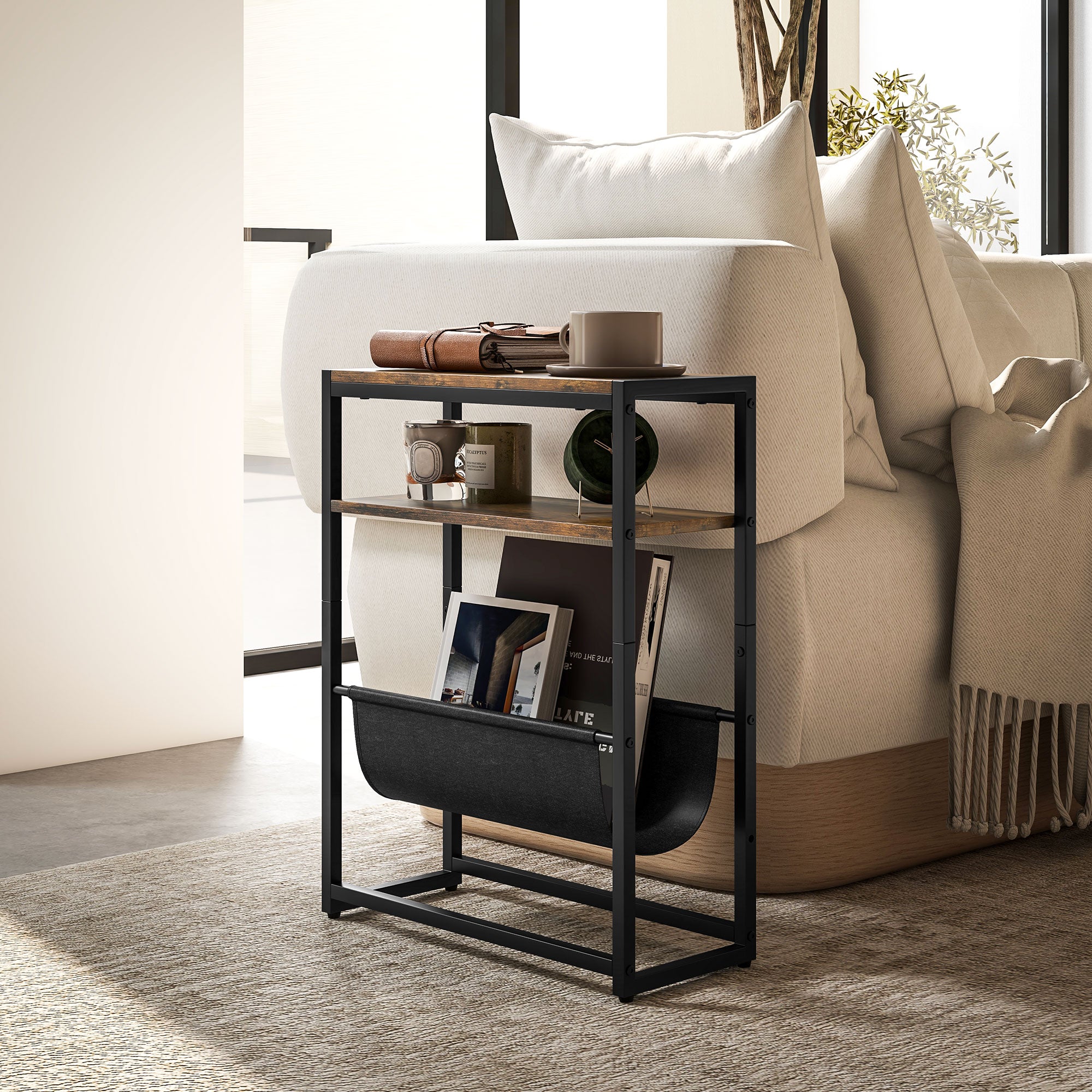 HOMCOM Narrow Side Table, End Table with 3-Tier Storage, V-Shaped Magazine Holder for Living Room, Bedroom, 43 x 18 x 56 cm, Ru 
