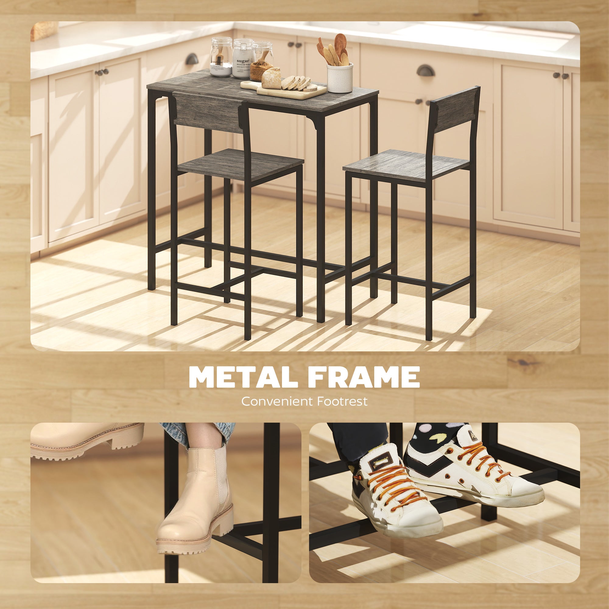 HOMCOM 3-Piece Bar Table Set with 2 Stools, Industrial Breakfast Bar Set with Footrest, Backrest for Dining Room, Small Space 