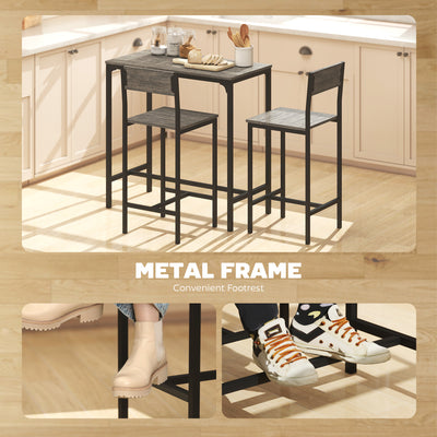 HOMCOM 3-Piece Bar Table Set with 2 Stools, Industrial Breakfast Bar Set with Footrest, Backrest for Dining Room, Small Space 