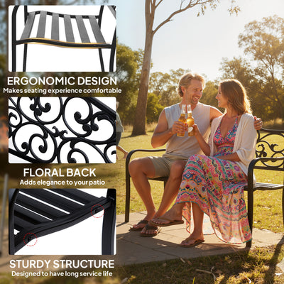 Outsunny Metal Garden Bench with Floral Backrest and Armrests - Black 
