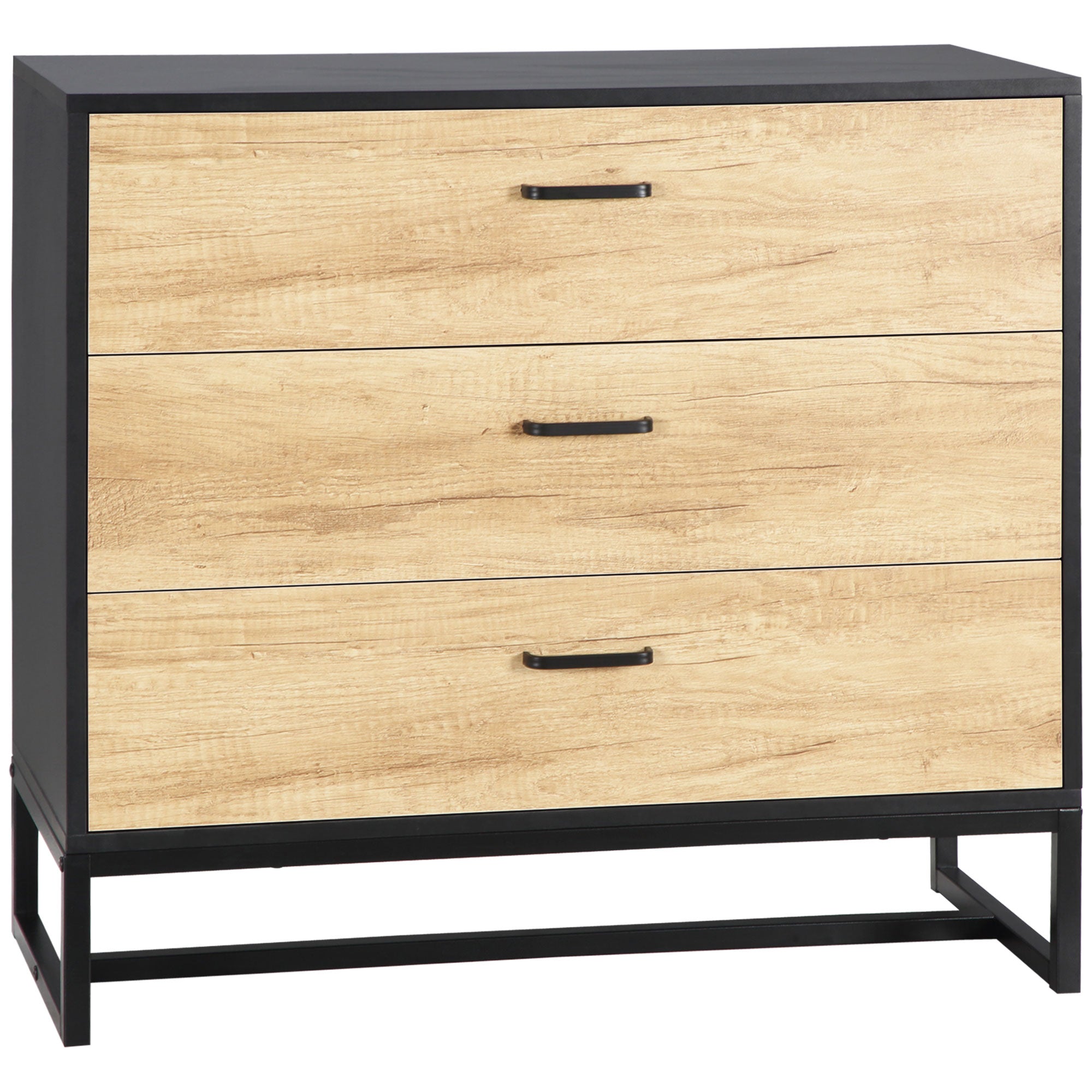 HOMCOM Drawer Chest, 3-Drawer Storage Cabinet Organiser with Steel Frame for Bedroom, Living Room, 80cmx35cmx75cm, Natural 