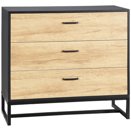 HOMCOM Drawer Chest, 3-Drawer Storage Cabinet Organiser with Steel Frame for Bedroom, Living Room, 80cmx35cmx75cm, Natural 