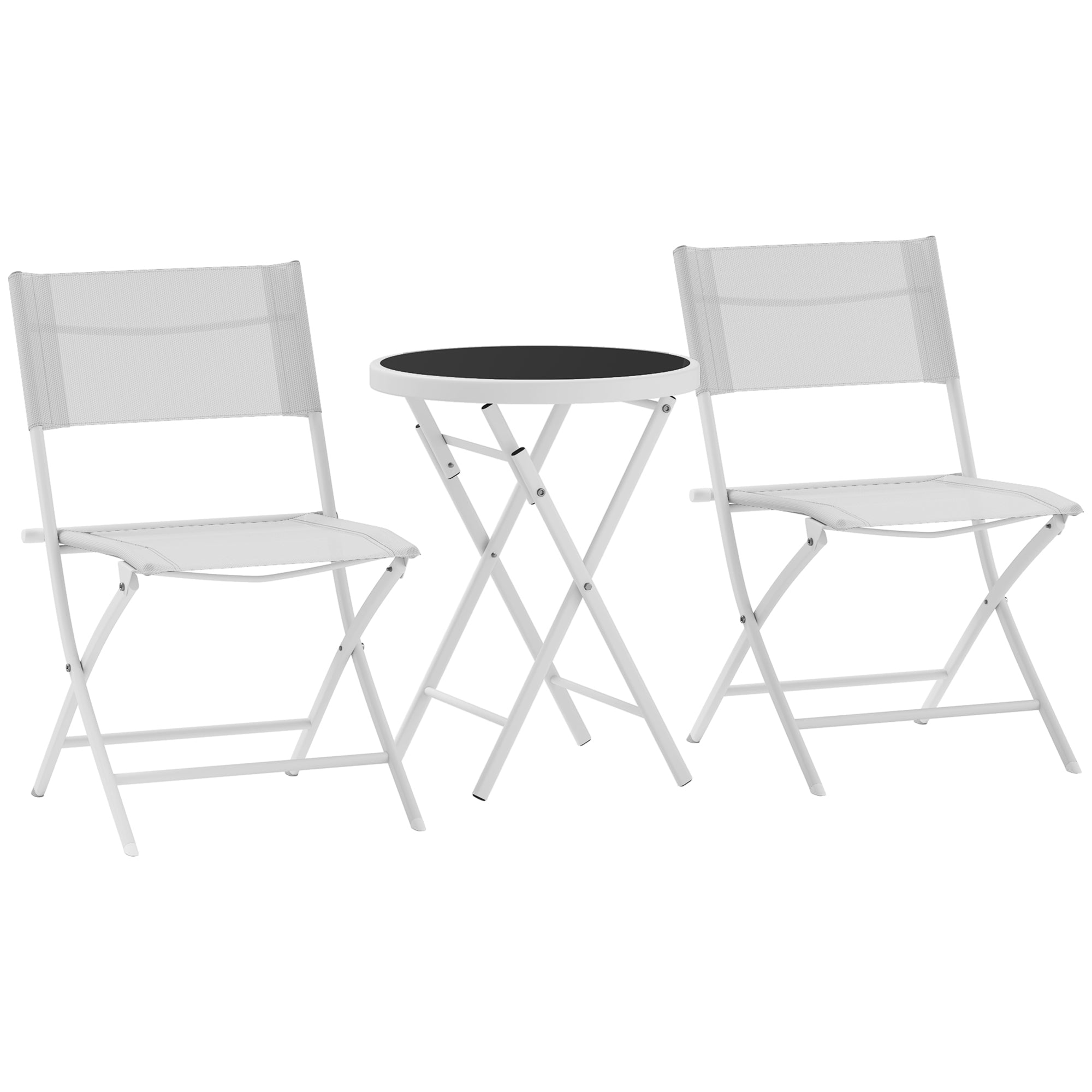 Outsunny 3 Pieces Outdoor Bistro Set, Glass Top Outdoor Table and 2 Folding Chairs with Protecting Feet, White 