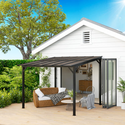 Outsunny 3 x 3(m) Metal Pergola with UPF 50+ and Waterproof Polycarbonate Roof, Wall-Mounted or Free Standing Garden Gazebo, Wind-resistant Outdoor Sun Shade, Dark Grey 