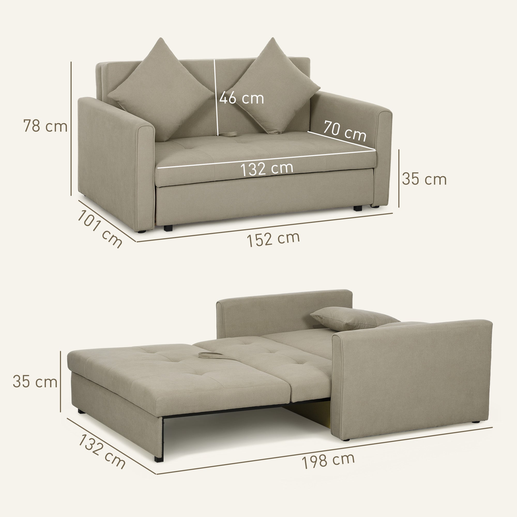 HOMCOM 2 Seater Sofa Bed, Convertible Bed Settee, Modern Fabric Loveseat Sofa Couch with 2 Cushions, Hidden Storage for Living Room, Guest Room, Light Brown 