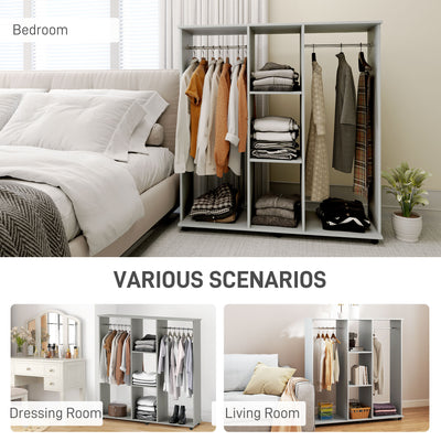 HOMCOM Open Wardrobe Double Mobile Storage Shelves Organizer W/6 Wheels-Grey 