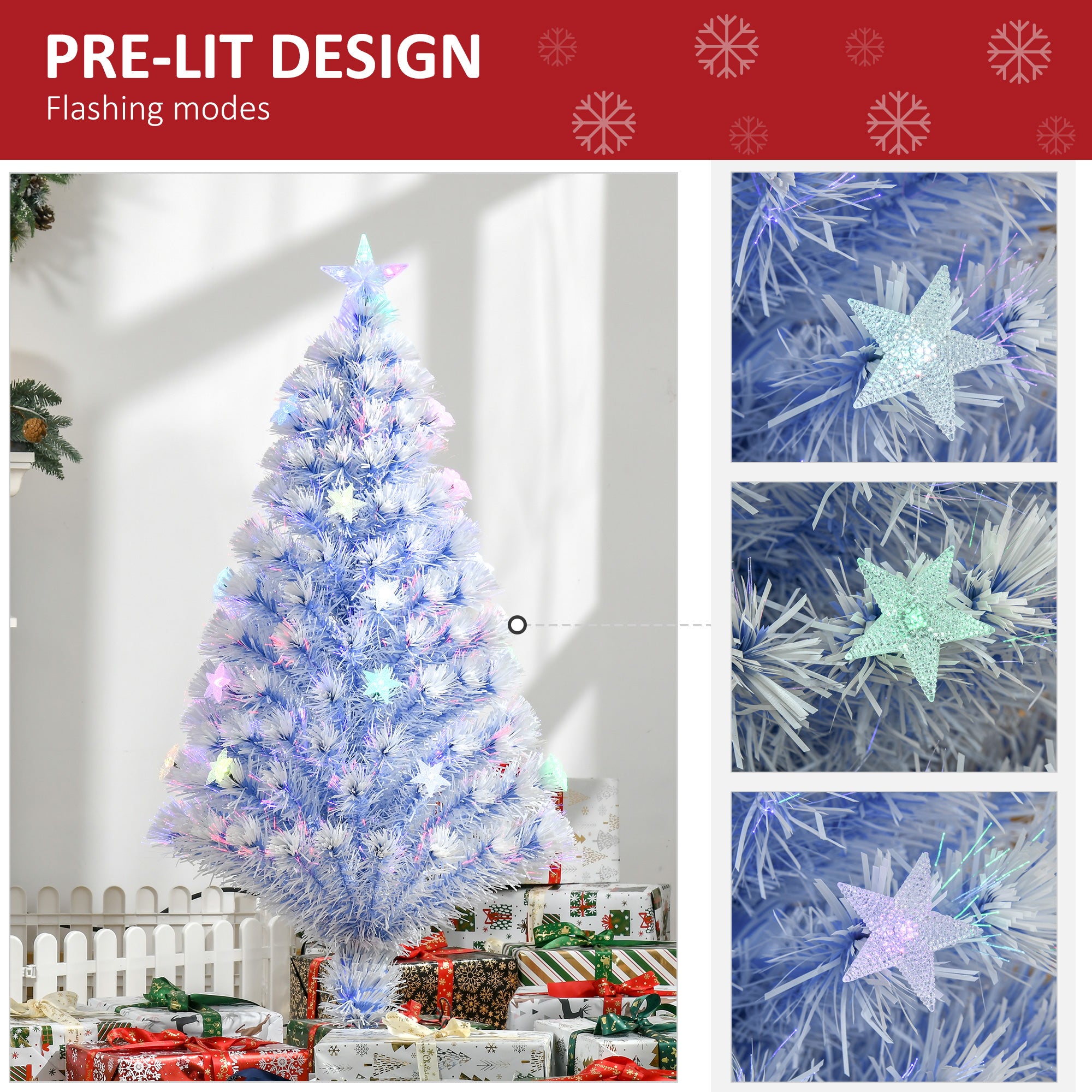 HOMCOM 4FT Artificial Fibre Optic Christmas Tree Seasonal Decoration w/ LED Lights Pre-Lit Easy Store White Blue 