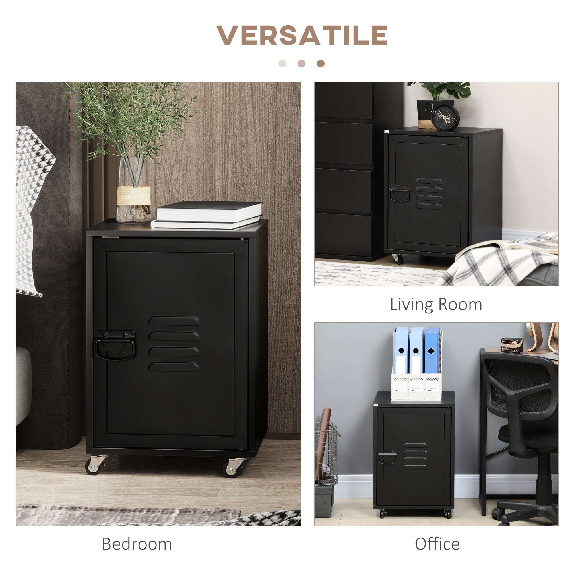HOMCOM Industrial Bedside Table, Rolling End Side Table, Mobile Storage Cabinet With Adjustable Shelf, Wheels & Metal Door for Bedroom, Living Room, Home Office, Black 
