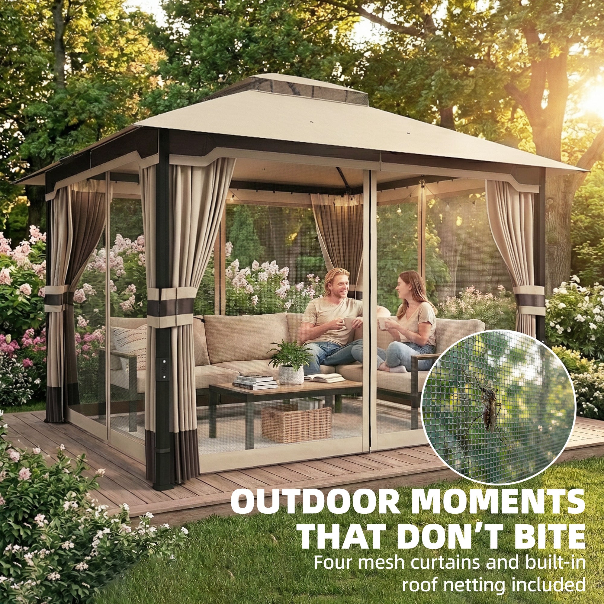 Outsunny 3 x 3.6 m Outdoor Garden Gazebo with Netting and Curtains, Double Roof Patio Gazebo Permanent Pavilion, Khaki 