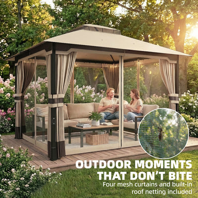 Outsunny 3 x 3.6 m Outdoor Garden Gazebo with Netting and Curtains, Double Roof Patio Gazebo Permanent Pavilion, Khaki 
