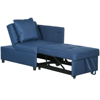 HOMCOM Convertible Single Sofa Bed with Thick Padded Seat, 3-in-1 Multi-Functional Sleeper Chair Bed with Magazine Pocket, for Living Room, Blue 