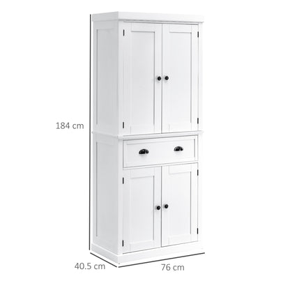 HOMCOM Freestanding Kitchen Cupboard, 184cm Tall Storage Cabinet with Doors and Shelves, Traditional Colonial 4-Door Kitchen Pantry Cupboard with Drawer, White 