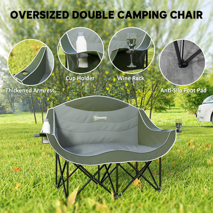 Outsunny Double Camping Chair for Adults, Oversized Heavy Duty Padded Folding Chair with Armrests, Cup Holders and Carry Bag for Outdoor Camping Hiking Picnic Fishing, 250kg Capacity, Green 