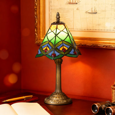 HOMCOM Tiffany-Style Table Lamp with Geometric Patterns, Handcrafted Antique Stained Glass Bedside Lamp for Living Room and Bedroom, E27 Socket, Green 
