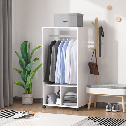 HOMCOM Open Wardrobe on Wheels, Bedroom Wardrobe with Clothes Hanging Rail, 2 Storage Shelves, Mobile Garment Rack for Cloakroom, Hallway, White 