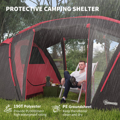 Outsunny 4-6 Man Family Camping Tent w/ 2 Bedrooms and a Living Room, Waterproof Tunnel Tent w/ Sewn In Groundsheet, Doors, Windows, Carry Bag, Grey 