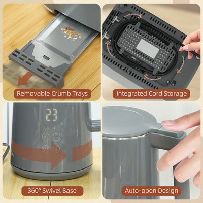 HOMCOM Digital Kettle and Toaster Set, 1.5L 3000W Fast Boil Kettle, 2 Slice Toaster Kitchen Set with 7 Level Browning Controls, Defrost, Reheat, Keep Warm, Crumb Tray and LED Touch Display, Grey 