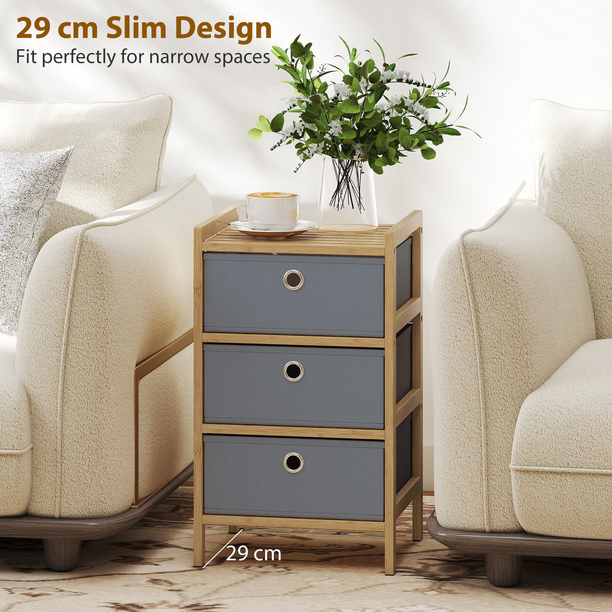 HOMCOM Chest of Drawers, 3 Fabric Drawers Narrow Dresser with Bamboo Frame, Light Grey 