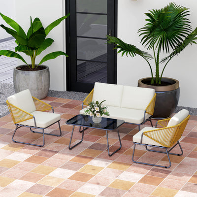Outsunny 4 Piece Rattan Garden Furniture Set, Wicker Patio Outdoor Furniture Set with Loveseat, Armchairs, Glass Top Coffee Table and Cushions for Patio, Conservatory, Balcony, Natural Wood Finish 