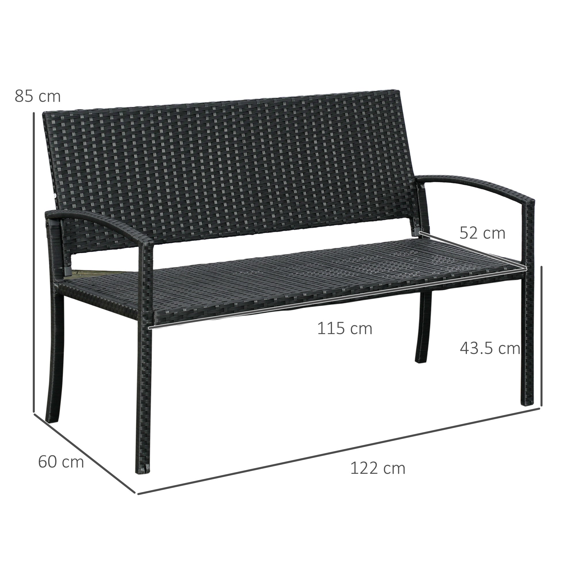Outsunny 2 Seater Poly Rattan Garden Bench, All Weather Wicker Garden Loveseat, Outdoor Seating Bench with 240 Load Capacity, Backrest and Armrests for Patio, Terrace, Balcony, Black 
