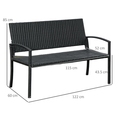 Outsunny 2 Seater Poly Rattan Garden Bench, All Weather Wicker Garden Loveseat, Outdoor Seating Bench with 240 Load Capacity, Backrest and Armrests for Patio, Terrace, Balcony, Black 