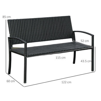 Outsunny 2 Seater Poly Rattan Garden Bench, All Weather Wicker Garden Loveseat, Outdoor Seating Bench with 240 Load Capacity, Backrest and Armrests for Patio, Terrace, Balcony, Black 