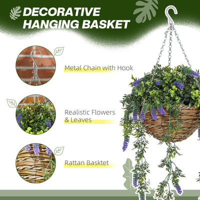 HOMCOM Set of 2 Decorative Artificial Plants, Faux Silk Lavender Flowers in Hanging Baskets, Fake Plants for Home Indoor Outdoor Decor, Purple 